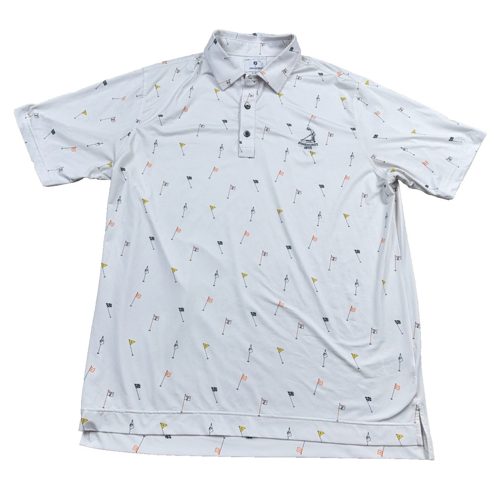FootJoy Polo Shirt Men XL White Pinehurst Flags Geometric All Over Print STAIN* - Picture 2 of 12